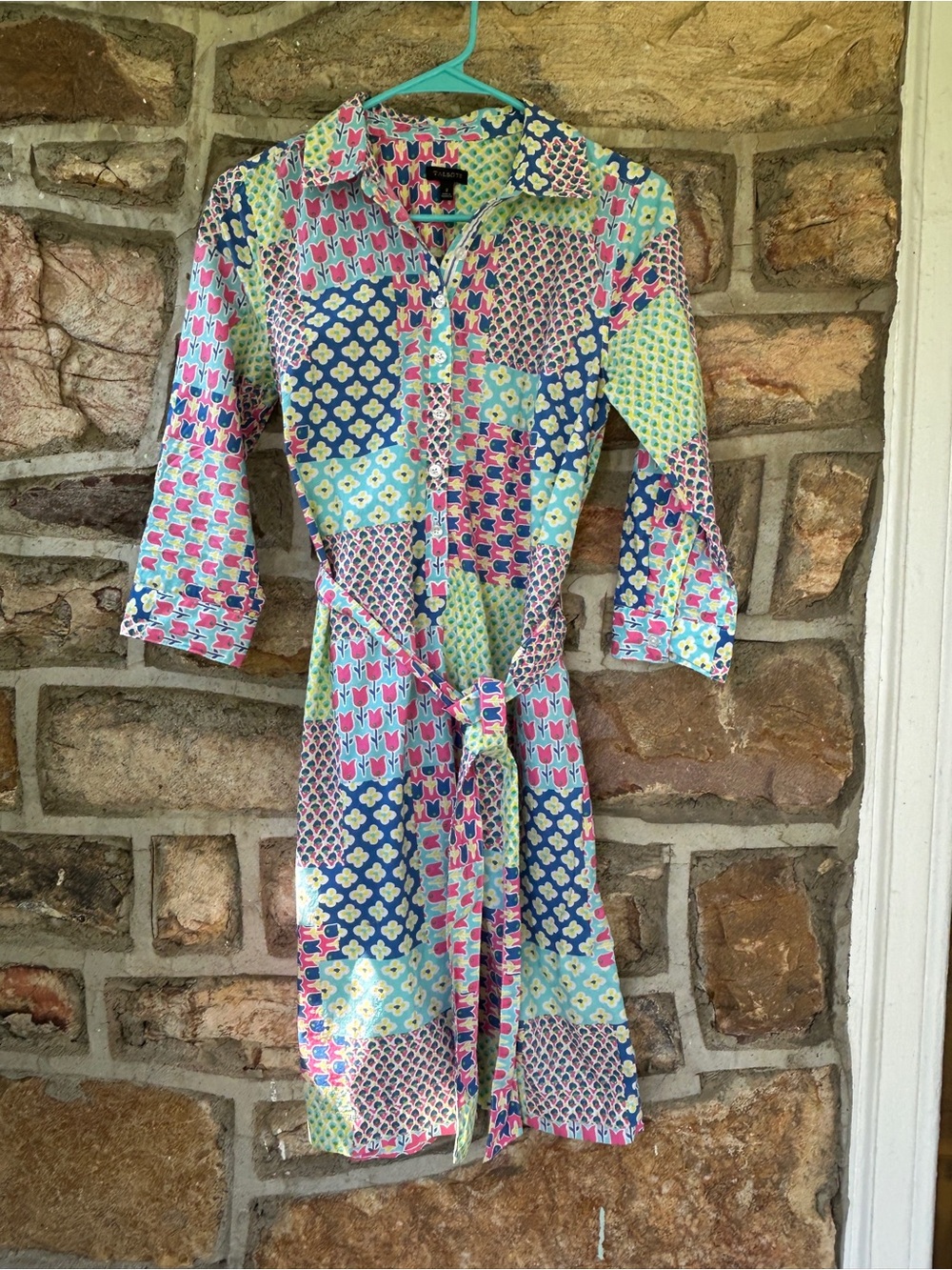 Talbots Bright Pink and Blue Floral Patchwork Print Button-Up Shirt Dress